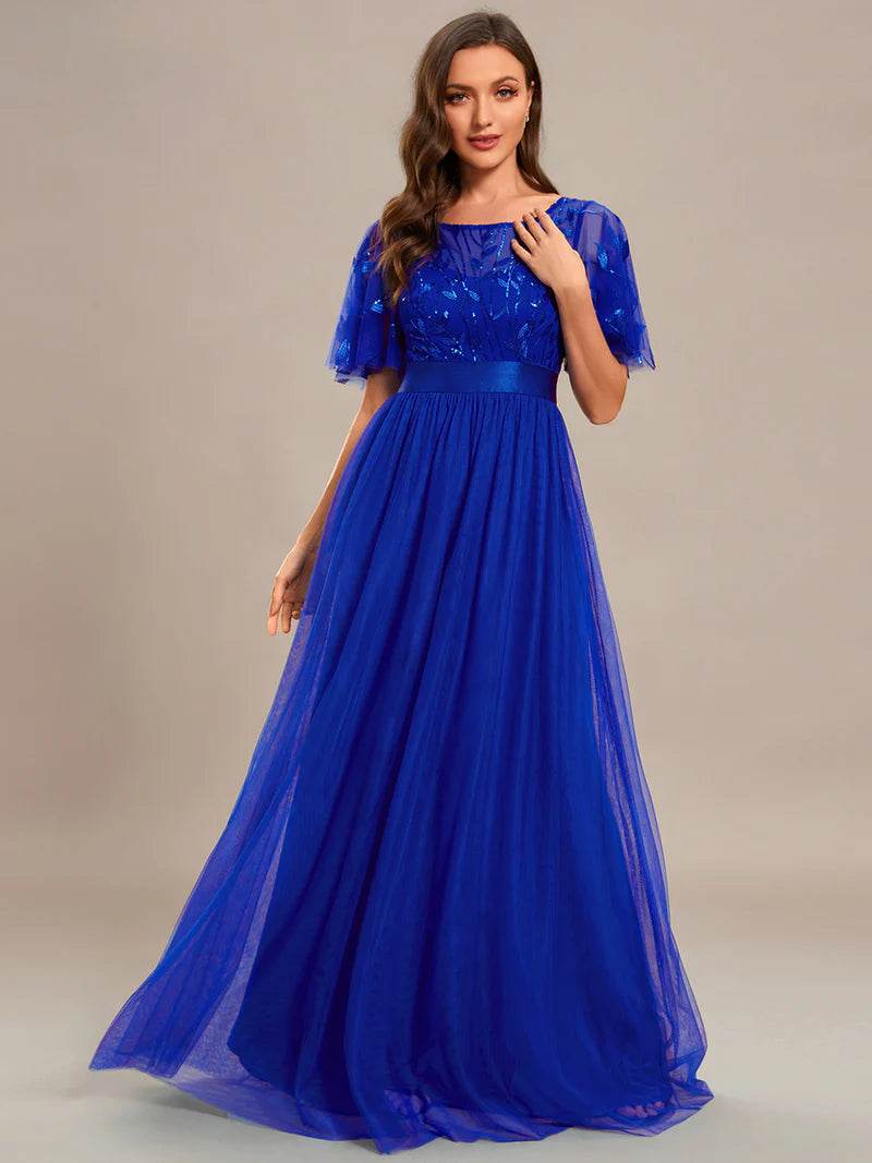 Elegant Sequin Print Floor-Length Evening Dress with Cap Sleeves - Biamonde
